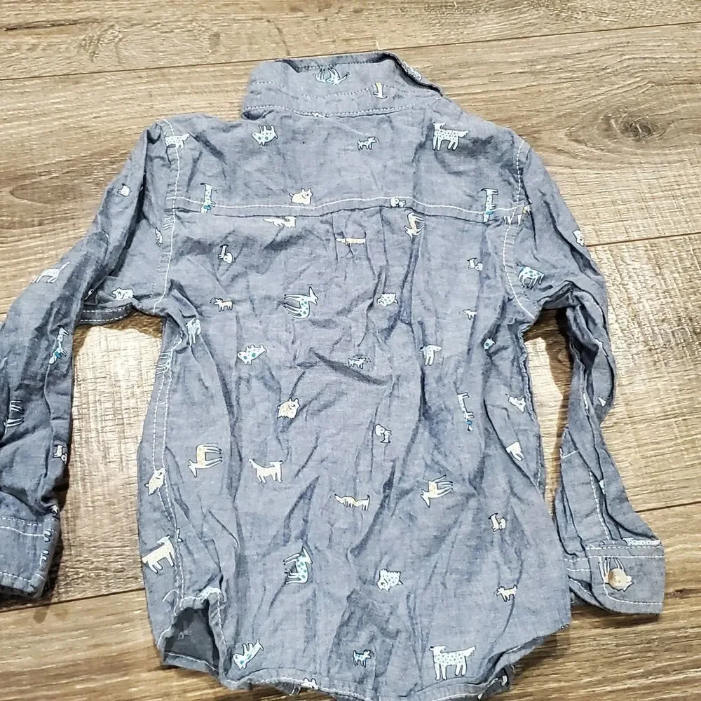Boys Cat & Jack Button Down Shirt Size 4T Blue Shirt with Animal Design